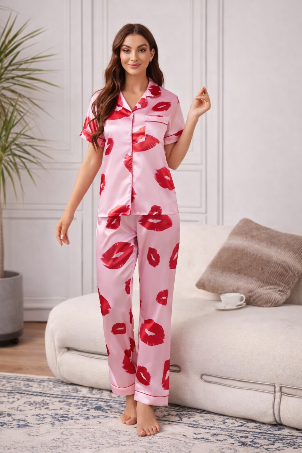 Kiss Print Satin Night Suit