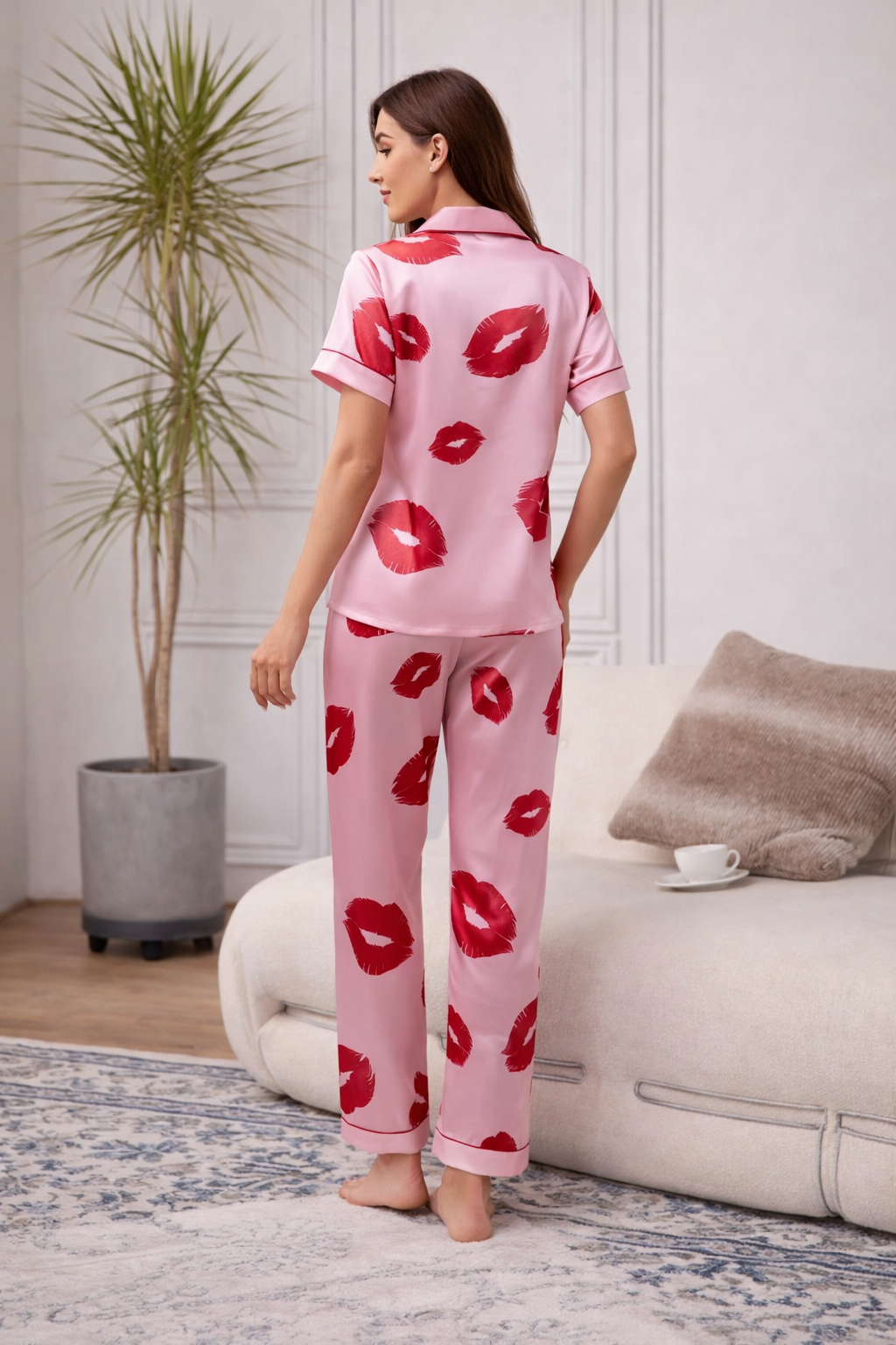 Kiss Print Satin Night Suit