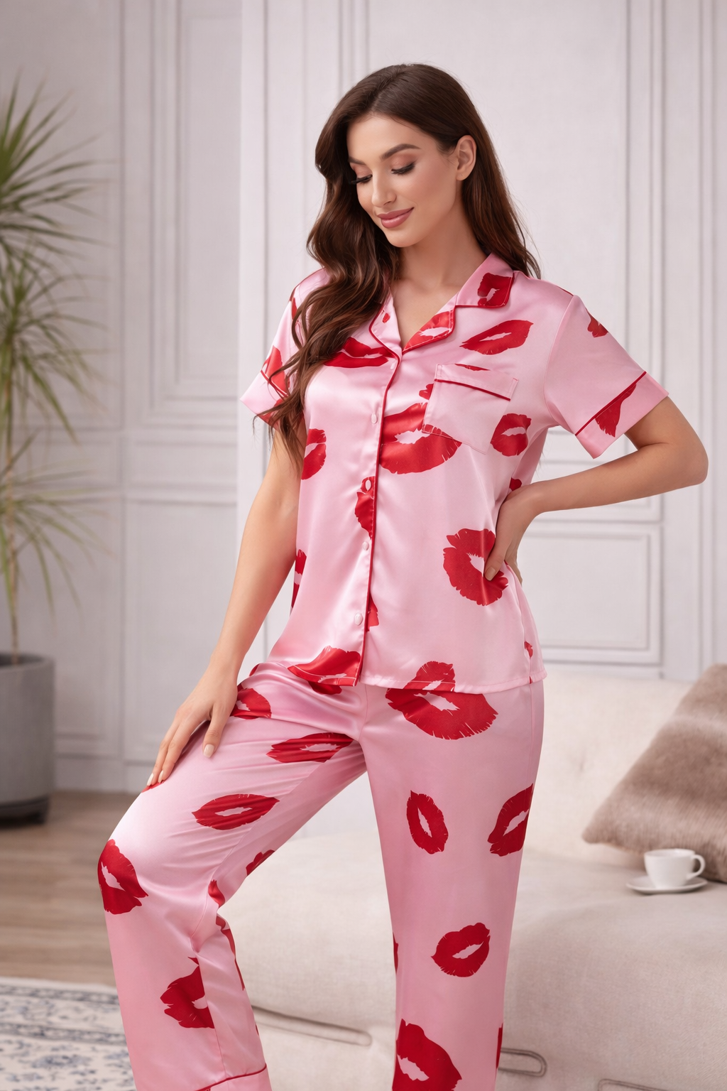 Kiss Print Satin Night Suit