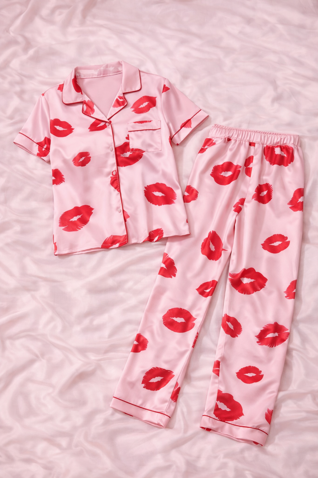 Kiss Print Satin Night Suit